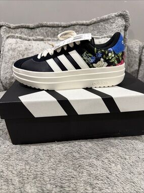 adidas Black Floral Platform Sneakers with White Stripes and Blue Heel Tab